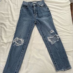 Medium Blue Distressed High Waisted Straight Leg Jeans